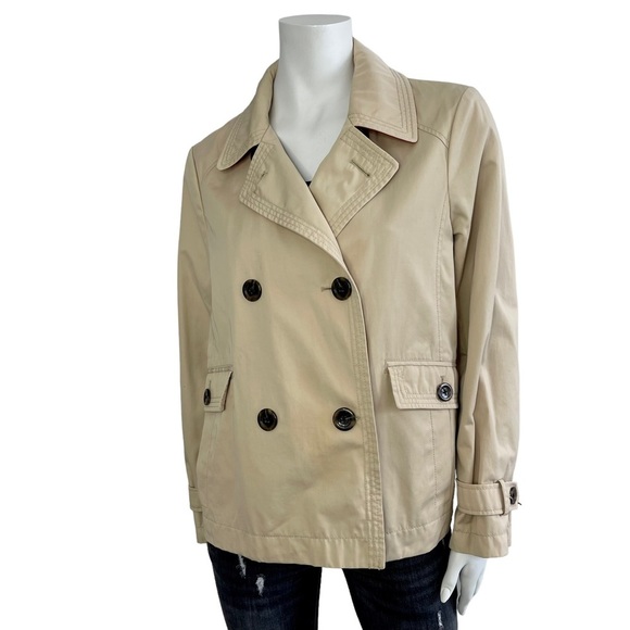 Lands End Double Breasted Short Trench Coat Jacket Neutral Tan Spring Coastal - Picture 2 of 10
